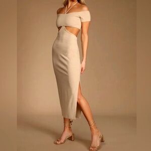 Lulus Beige Halter Off the Shoulder open torso dress - Size S